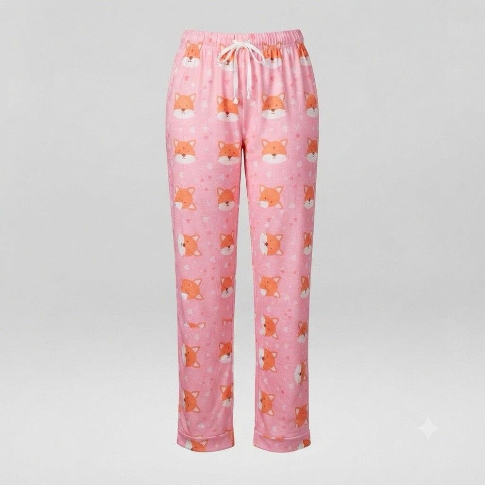 Women's Pink Fox & Heart Print Pajama Pants - Size XL Plush